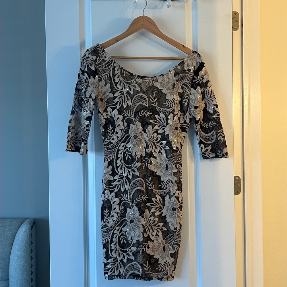 Elegant Black and Cream Floral Lace Dress